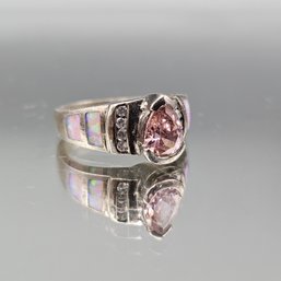 Vintage Sterling Silver Pink Pear-Cut CZ & Iridescent Opal Inlay Statement Ring  Size 7
