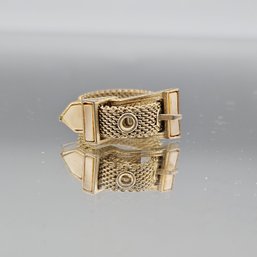 Vintage Gold-Tone Mesh Buckle Ring With Cream Enamel Accents