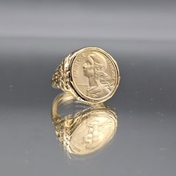 Vintage French Marianne Coin Ring - Gold Tone Republique Franaise Signet - Textured Nugget Band - Size 7.25