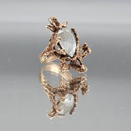 Vintage Brutalist Gold Tone Statement Ring With Faux Aquamarine