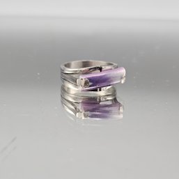 Sleek Silver Toned Geometric Ring With Purple Inlay, Modernist Design Size 6.5