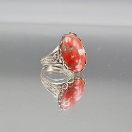 Vintage Adjustable Silver-Tone Ring With Oval Red And White Mottled Faux Stone