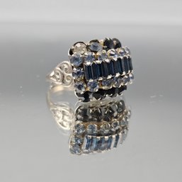 Antique Silver-Tone Baguette And Round Cut Blue Crystal Ring Size 7