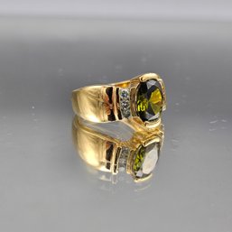 Vintage Gold-Tone Statement Ring With Oval Olive Green Gemstone - Size 7.75