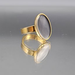 Vintage Mid-Century Gold Tone Oval Hematite Cabochon Statement Ring - Size 8