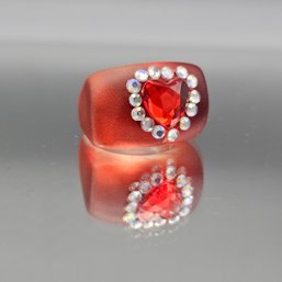 Vintage-Style Frosted Red Resin Heart Ring  Chunky Lucite Band With Rhinestones  Size 6.5