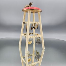 Whimsical Vintage Cat & Pincushion Stool Earring Display Stand With Eclectic Estate Earring Collection