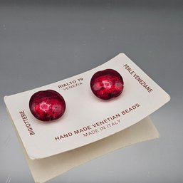 Vintage Venetian Glass Ruby Red Foil Clip-On Earrings Made In Italy