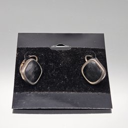 Vintage Black Stone Silver Tone Hinged Hoop Earrings