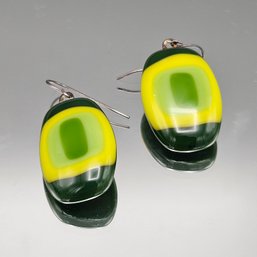 Vintage Art Glass Green Yellow  Drop Earrings