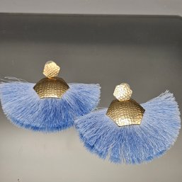 Blue Tassel Fringe Earrings Gold Tone Geometric Studs