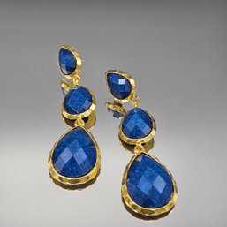Blue Teardrop Stone Gold Tone Dangle Earrings