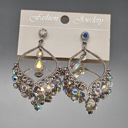 AB Rhinestone Silver Tone Chandelier Earrings