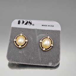 1928 Gold Tone Faux Pearl & Crystal Stud Earrings