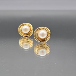 Vintage Monet Gold-Tone Twisted Rope & Faux Pearl Stud Earrings