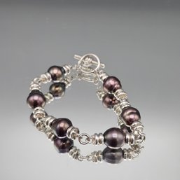 Artisan Iridescent Black Pearl Bracelet With Silver Spacers