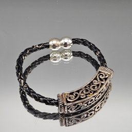 Black Braided Bolo-Style Bracelet With Filigree Focal Point & Bead Closure