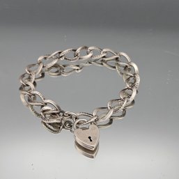 Vintage Sterling Silver Heart Padlock Curb Link Charm Bracelet