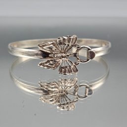 Ornate Textured Butterfly Silver Tone Bangle