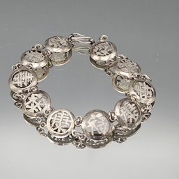 Vintage Chinese Export Silver Tone Filigree Character Link Bracelet