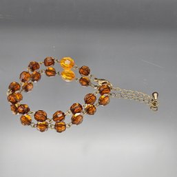 Vintage Amber-Tone Faceted Glass Bead Double Strand Bracelet With Extender