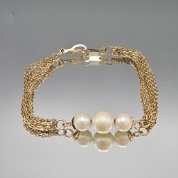 Vintage Gold Tone Multi-Strand Chain Bracelet With Triple Faux Pearl Centerpiece