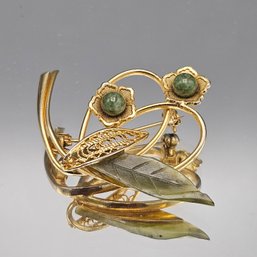 Mid-Century Green Jade & Gold Floral Brooch