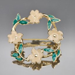 Vintage Enamel Flower Wreath Brooch  Cream And Green Floral Pin, Gold Tone