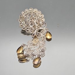 Vintage Scandinavian 830 Silver Filigree Solje Brooch With Gold-Washed Dangles