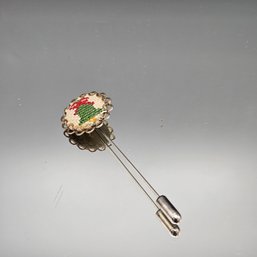Vintage Handmade Petit Point Cross-Stitch Stick Pin With Scalloped Gold-Tone Frame