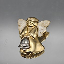 Vintage Enamel Angel Brooch Holding Silver-Tone Bell