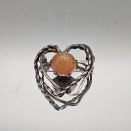 Antiqued Silver Tone Heart-in-Heart Brooch With Orange Gemstone Accent