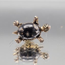 Miniature Turtle Pin With Black And Gold Glass Cabochon Shell