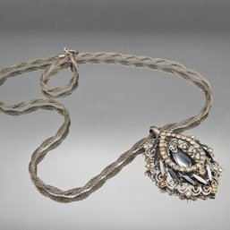 Vintage Black & Silver Filigree Statement Pendant Necklace - 24' Mesh Chain