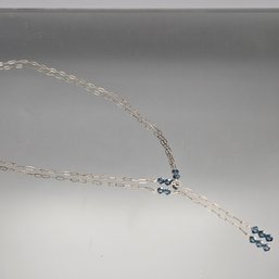 Sterling Silver Chain Y-Necklace With Blue Crystal Drops ~16