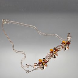 Sterling Silver Multicolor Amber Flower Necklace With Snake Chain ~16