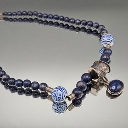 Emily Sohier Sterling Silver Sodalite & Blue White Porcelain Shou Bead Necklace