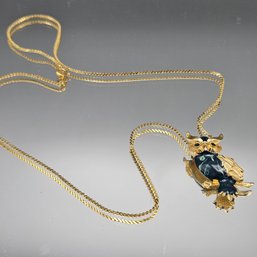 Vintage Monet Enamel Owl Pendant Necklace - 24' Gold Tone