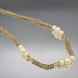Vintage Multi-Strand Gold-Tone Chain Necklace With Faux Pearl Accents