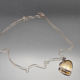 Vintage Two-Tone Sterling Silver Engraved Heart Locket Necklace