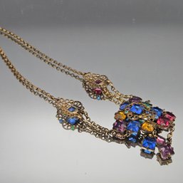 Vintage Czech Style Brass Filigree Necklace - Multi-Color Pyramid Glass Stones, 16'