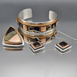 Vintage Artisan Copper Enamel And Mixed Metal Geometric Jewelry Set - Cuff, Brooch, & Earrings