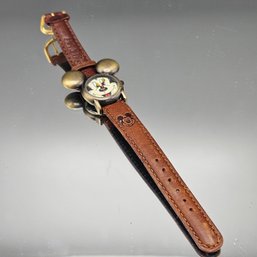 Disney Mickey Mouse Watch With Antique Brass Finish Ears And Brown Leather Strap