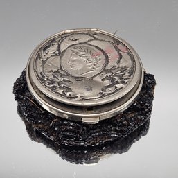Antique Art Nouveau Silver-Tone Compact With Beaded 'Beggar's Bag' Base