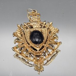 Vintage Heraldic Crest Shield Pendant With Black Onyx Cabochon & Crossed Halberds