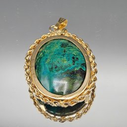 Large Natural Chrysocolla & Azurite Stone Pendant In Gold Tone Settings