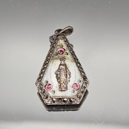 Sterling Silver Miraculous Medal Pendant With Enamel Roses & Marcasite Border