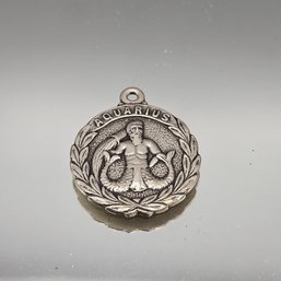 Vintage Sterling Silver Aquarius Zodiac Medallion Pendant - 1' Round Charm