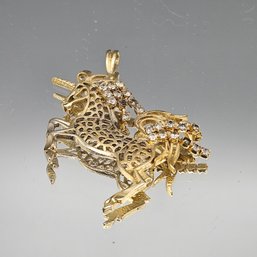 Vintage Gold-Tone Filigree Unicorn Pendant With Rhinestone Mane
