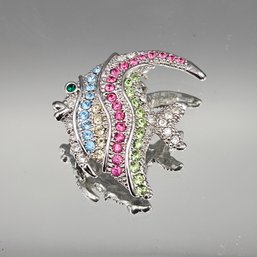 Vintage Multicolor Rhinestone Fish Brooch  Silver Tone Crystal Enamel Style Pin